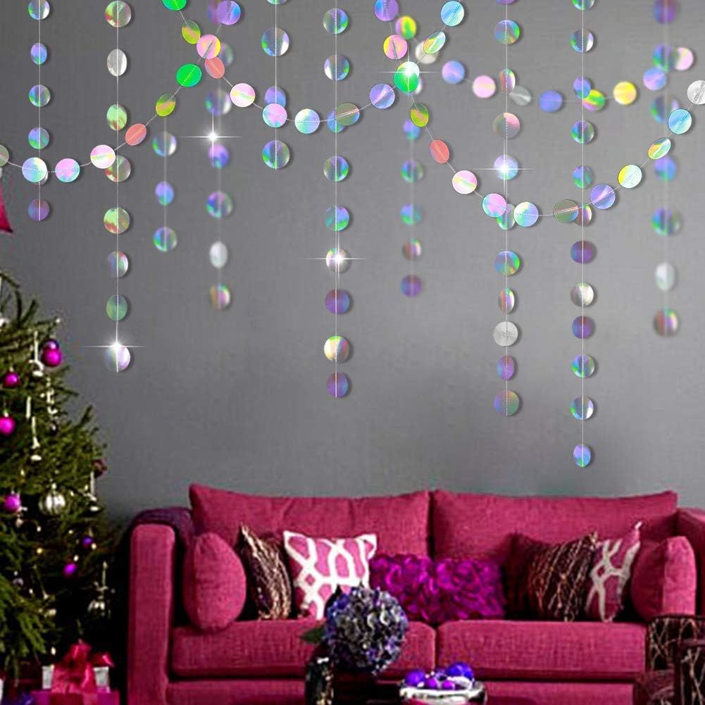 4-Pack Iridescent Circle Garlands, Holographic Party Decorations for Birthday, Wedding, Disco Theme, Graduation, New Year's Eve, Bachelorette Party Supplies (Colour)
