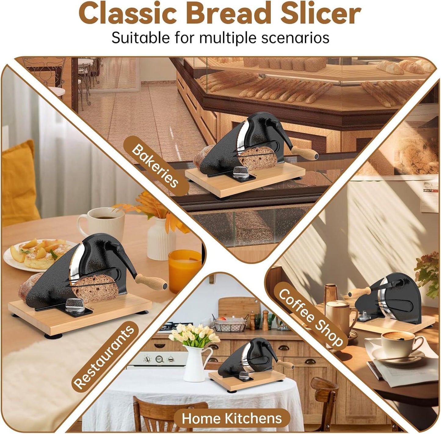 Manual Bread Slicer with Adjustable Thickness, Hand Crank Slicer for Homemade Sourdough, 304 Stainless Steel Blade, Wood Base, for Home & Bakery (Black)