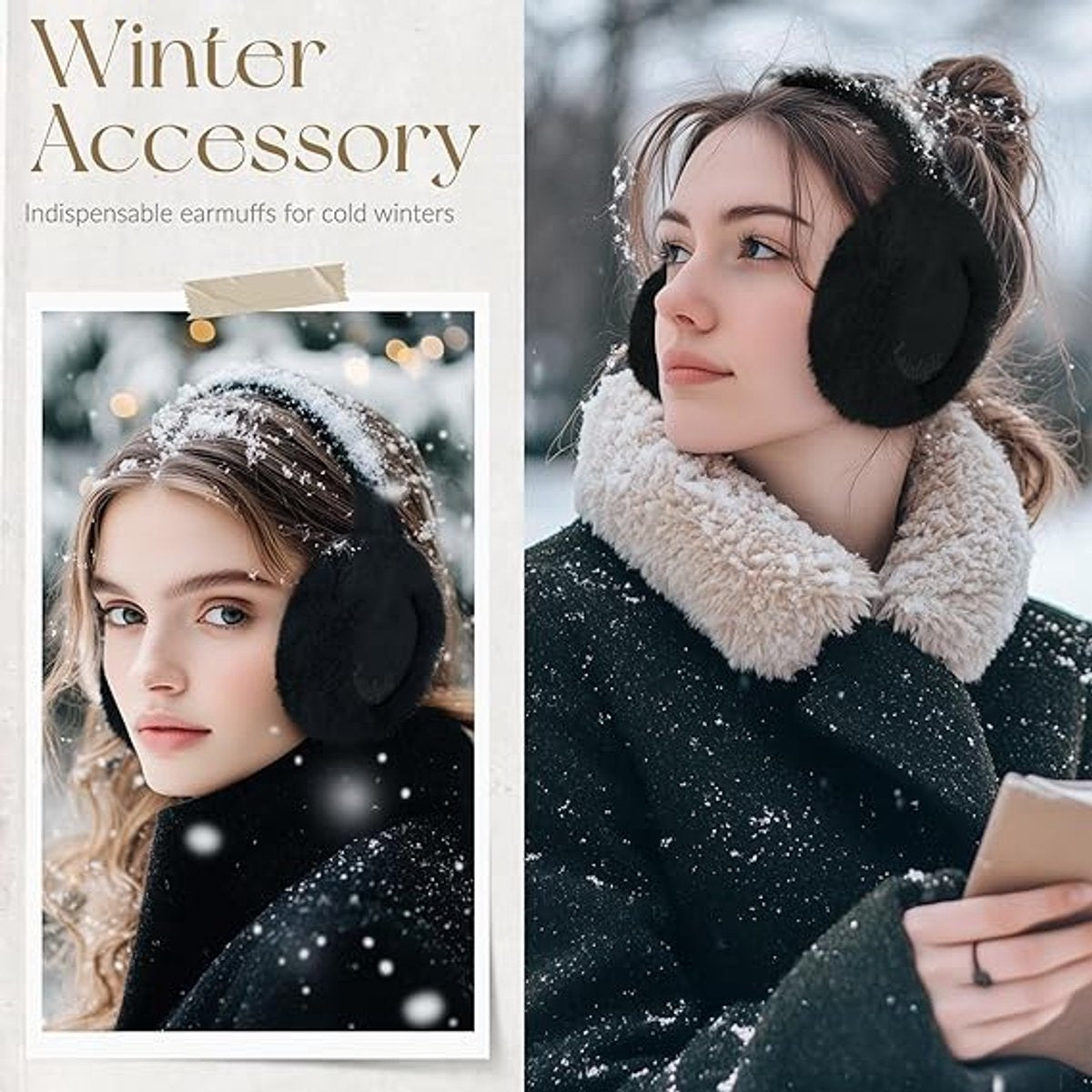 Warm earmuffs - Foldable, cute plush earmuffs - Soft and skin-friendly - Stylish and versatile - Protect your ears from the cold - black