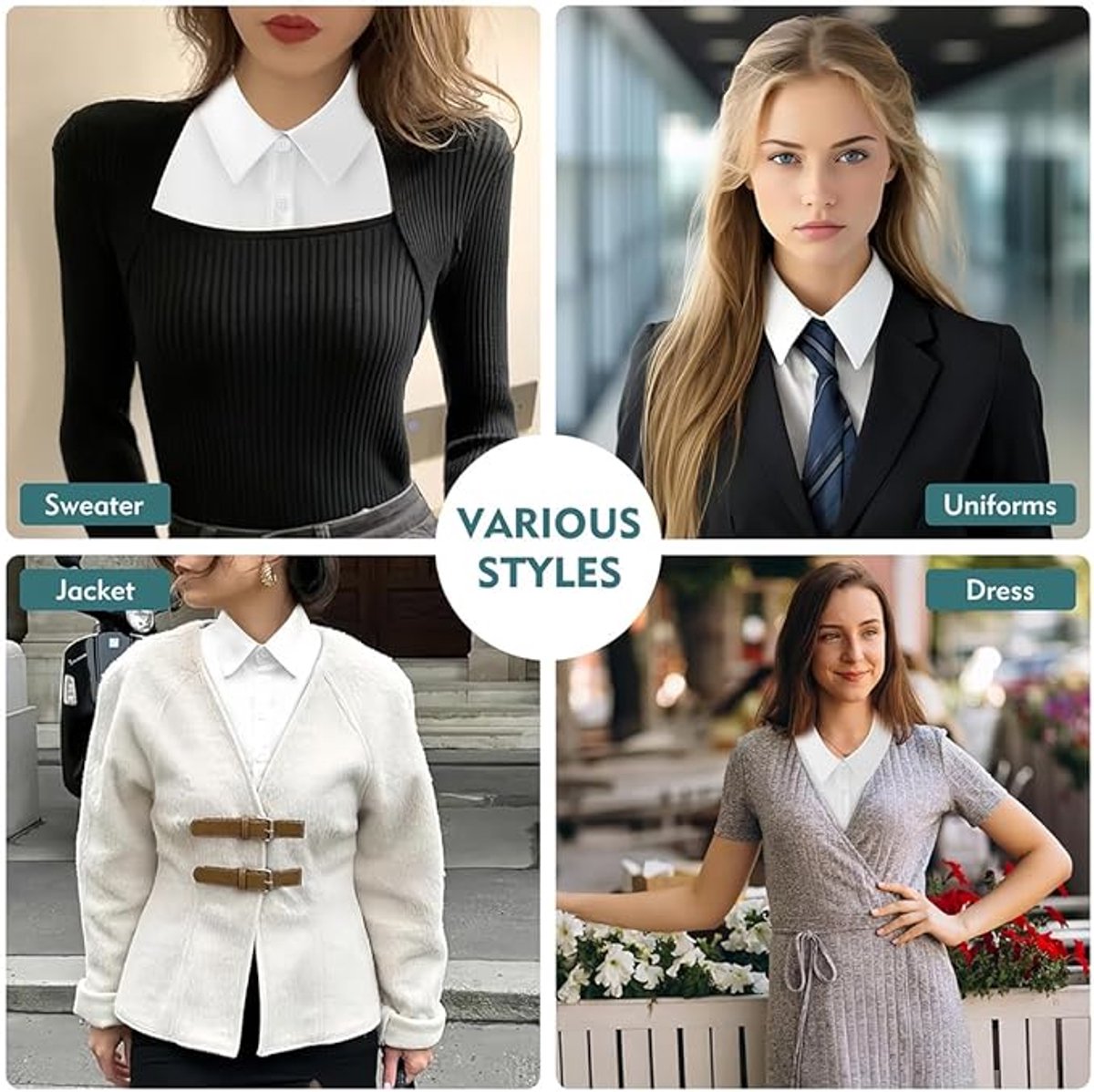 Set of 2 Women's Shirt Collars - Detachable Pointed Collar Basic - Collars for Women - Detachable Women's Collars to Wear Undergarments - Shirt Collar - Shirt Collar - Faux Detachable Collar - Shirt Replacement - One Size Adjustable - White