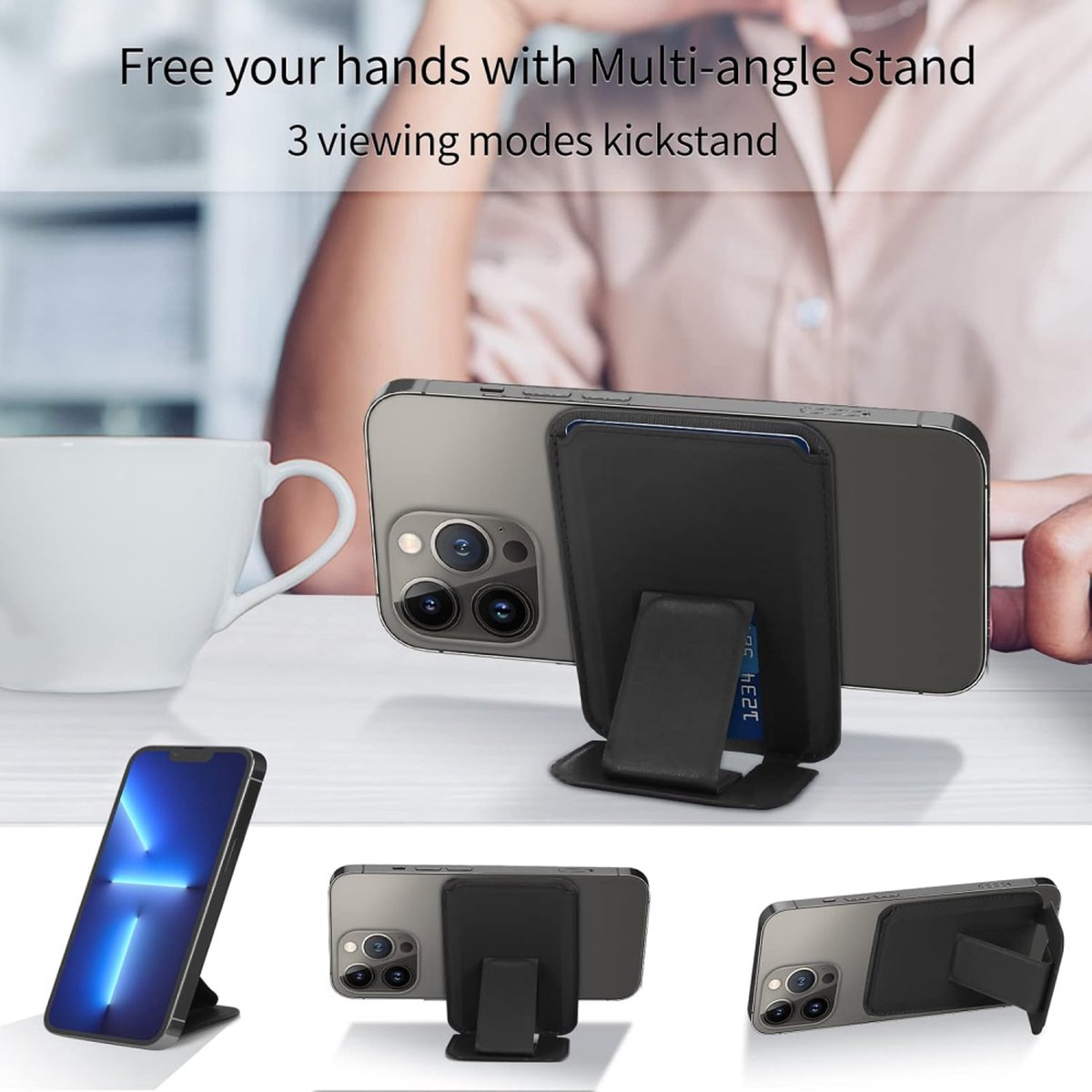 Wallet Stand - Strong Magnetic Card Holder - Suitable for MagSafe - 2-Card Wallet - Ultra-Thin - Foldable - Card Holder for Men & Women - Card Holder - Credit Card Holder - Magnetic Closure - Stand Function - Stand - Black