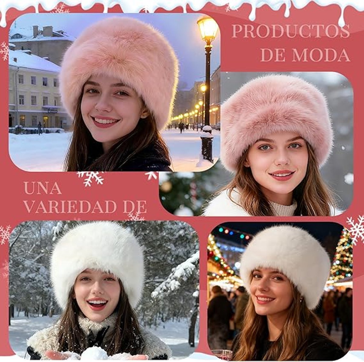 Hats - 2 pcs - Warm hats - Plush hats - Warm hats for women - White and pink - Stylish winter snow hats - Ideal gift for women and girls - Birthday gift - Christmas gift