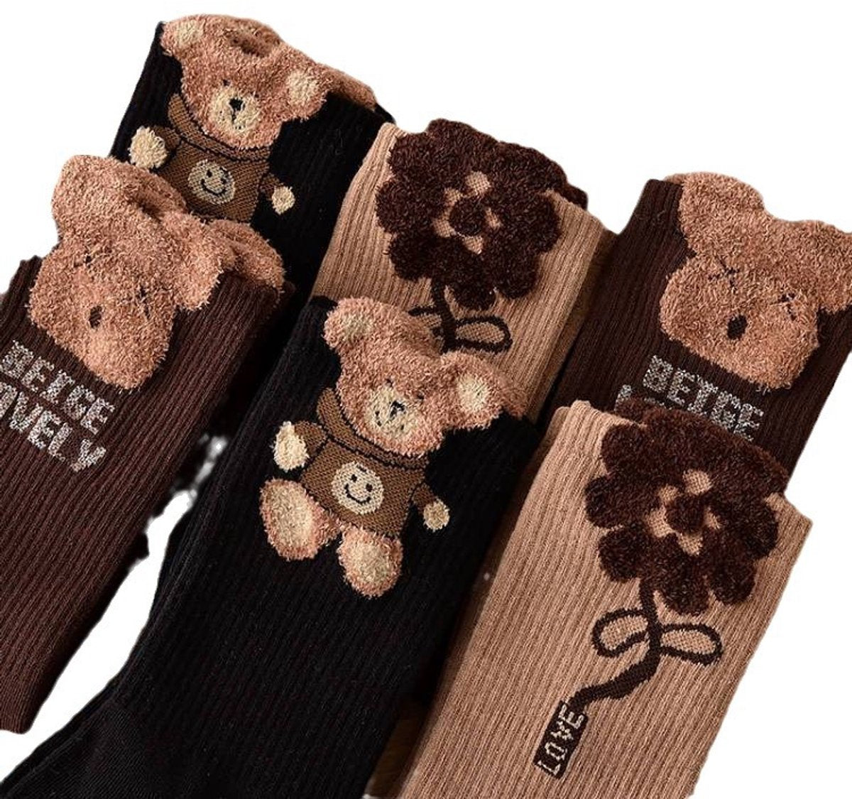 Socks 3-pack - House socks - fluffy socks - Casual socks - Indoor & Outdoor Wearable - Soft & Warm - socks men - socks women - Unisex Women - Size 36 to 42 - Dark brown bear