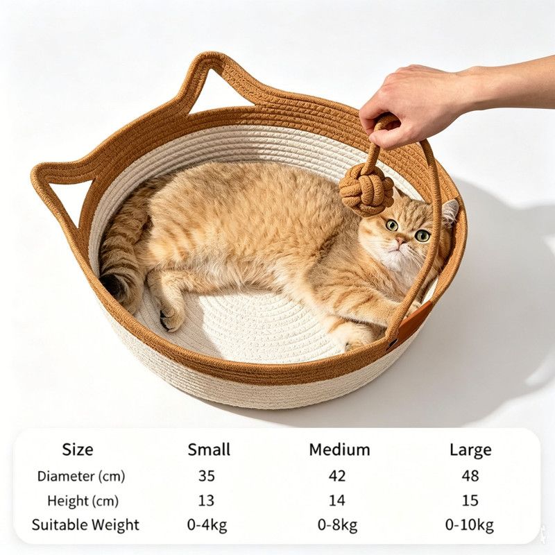 Cat Bed Rope Cotton, Cotton Rope Woven Round Cat Beds Basket with Built-in Teasing Ball, Handwoven Foldable Scratchable for Small & Large pet Brown(L)