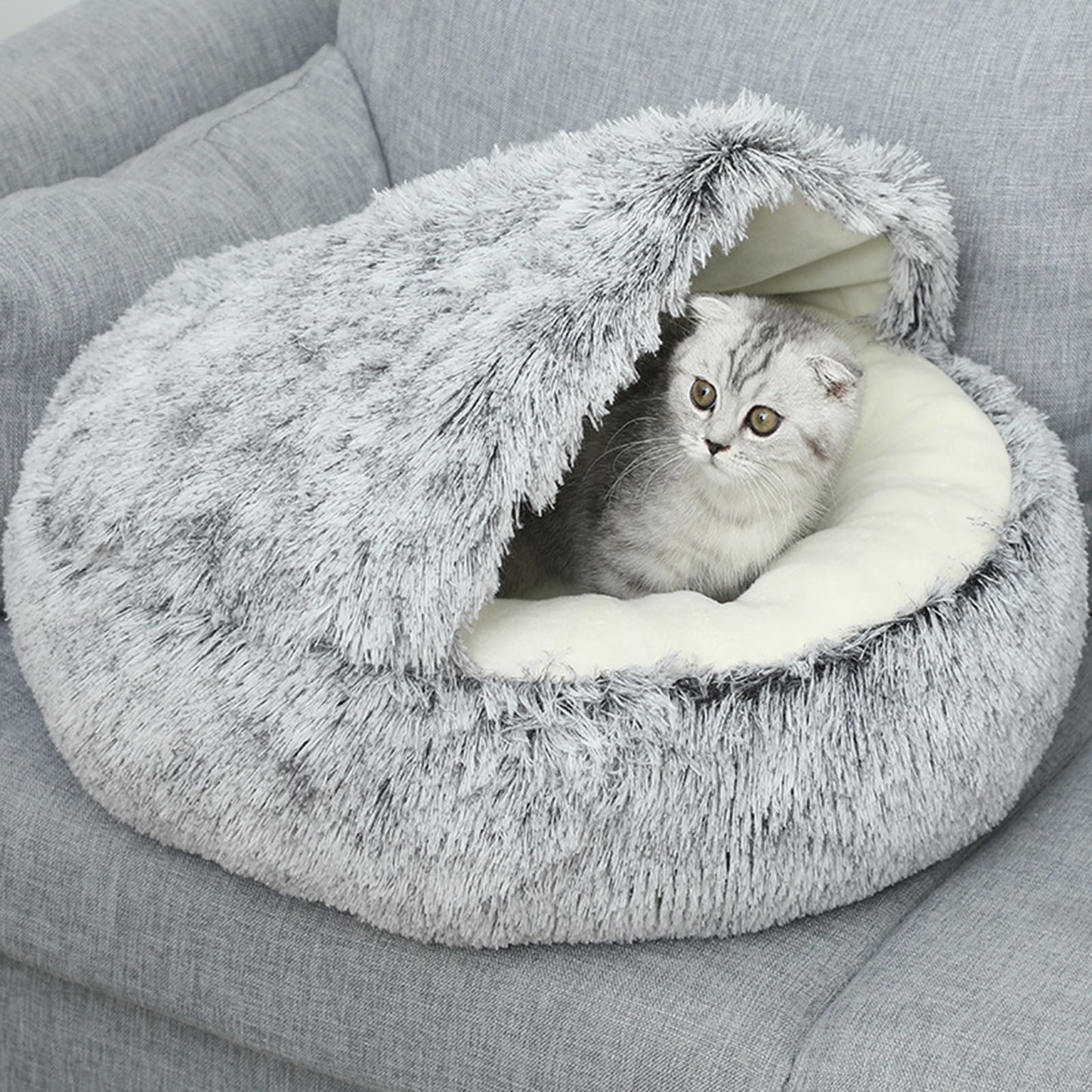 Darzheoy Calming Dog Beds & Cat Cave Bed with Hooded Cover, Removable Washable Round Beds for Small Medium Pets, Anti-Slip Plush Coved Bed for Pet (20"x20") N