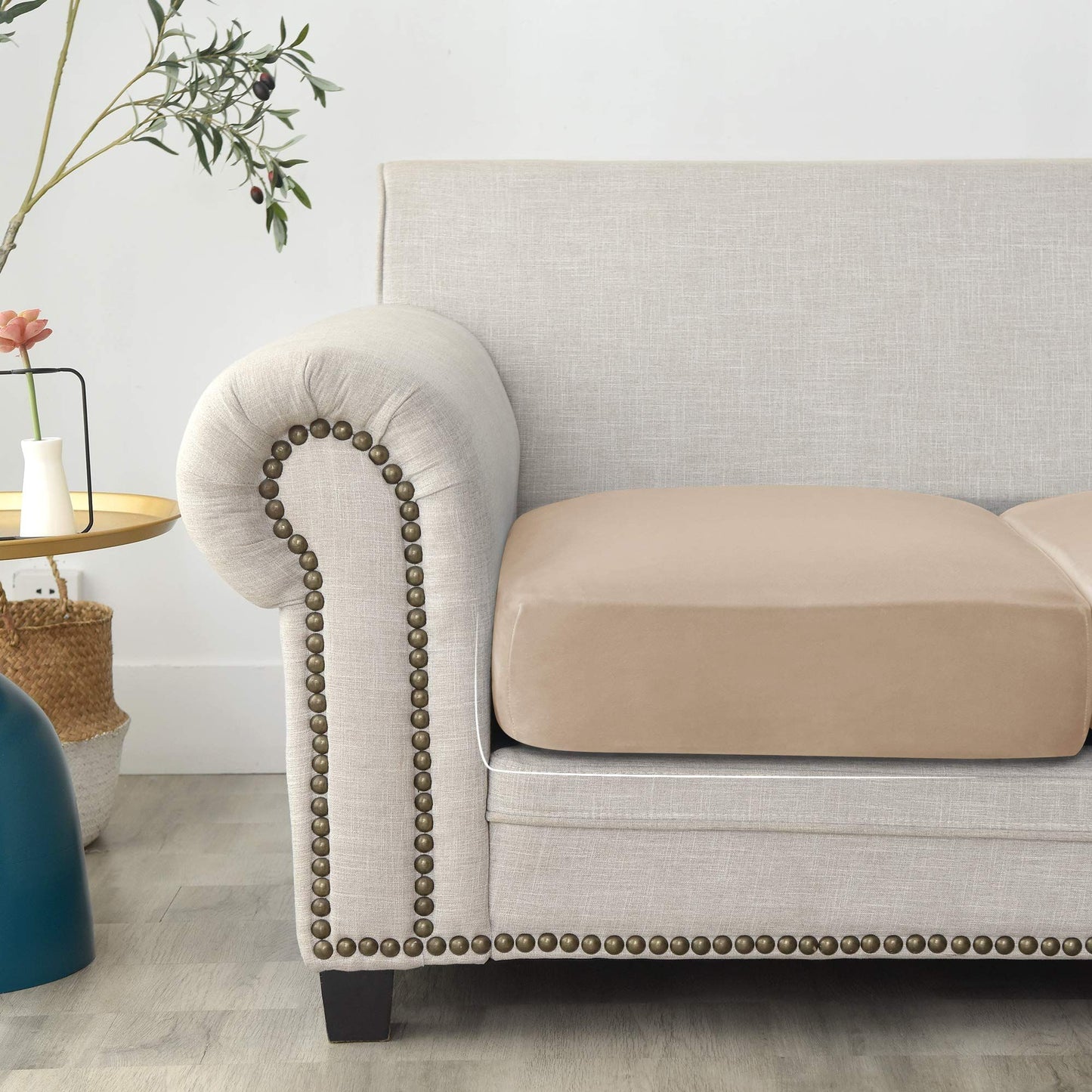 2 pack Stretch Cushion Cover, Couch Cushion Slipcover Sofa Seat Covers Furniture Protector with Elastic Bottom (Beige Gray, 2)