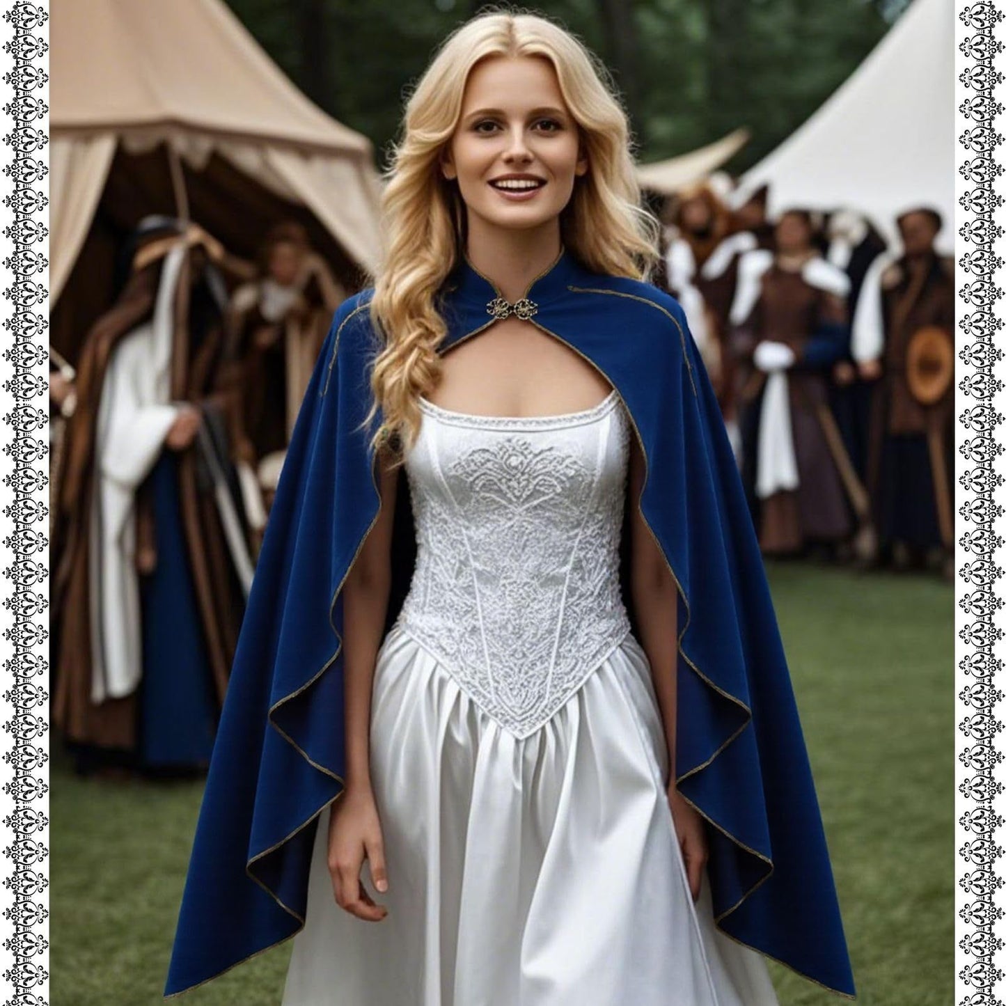 Women's Medieval Cloak Stand Collar Deluxe Velvet Gold Trim Cape for Adult(110cm blue)Renaissance Cloak with Hood Women Medieval Hooded Cape with Arm Holes for Halloween