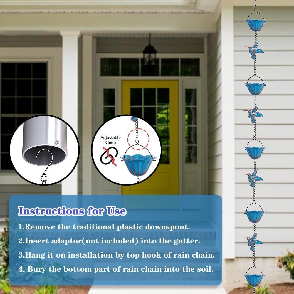 2.4M Rain Chain, Hummingbird Rain Chains for Outside, Copper Rain Chain Bell Decorative Rain Catcher Chain Replacement Downspout for Gutters