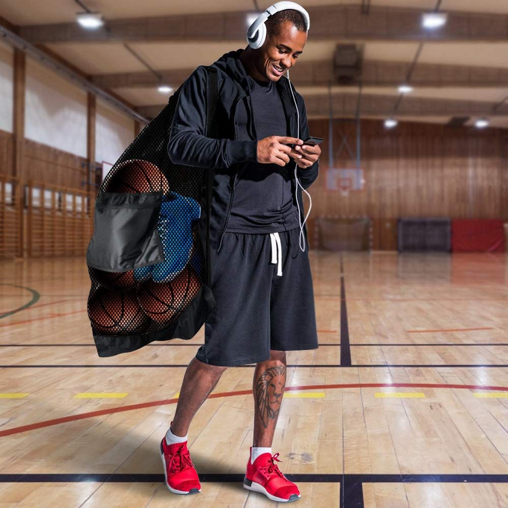 Extra Large Heavy Duty Mesh Bag. Best for Soccer Ball, Water Sports, Beach Cloth, Swimming Gears. Adjustable Shoulder Strap. Secure Side Pocket(30” x 40”)