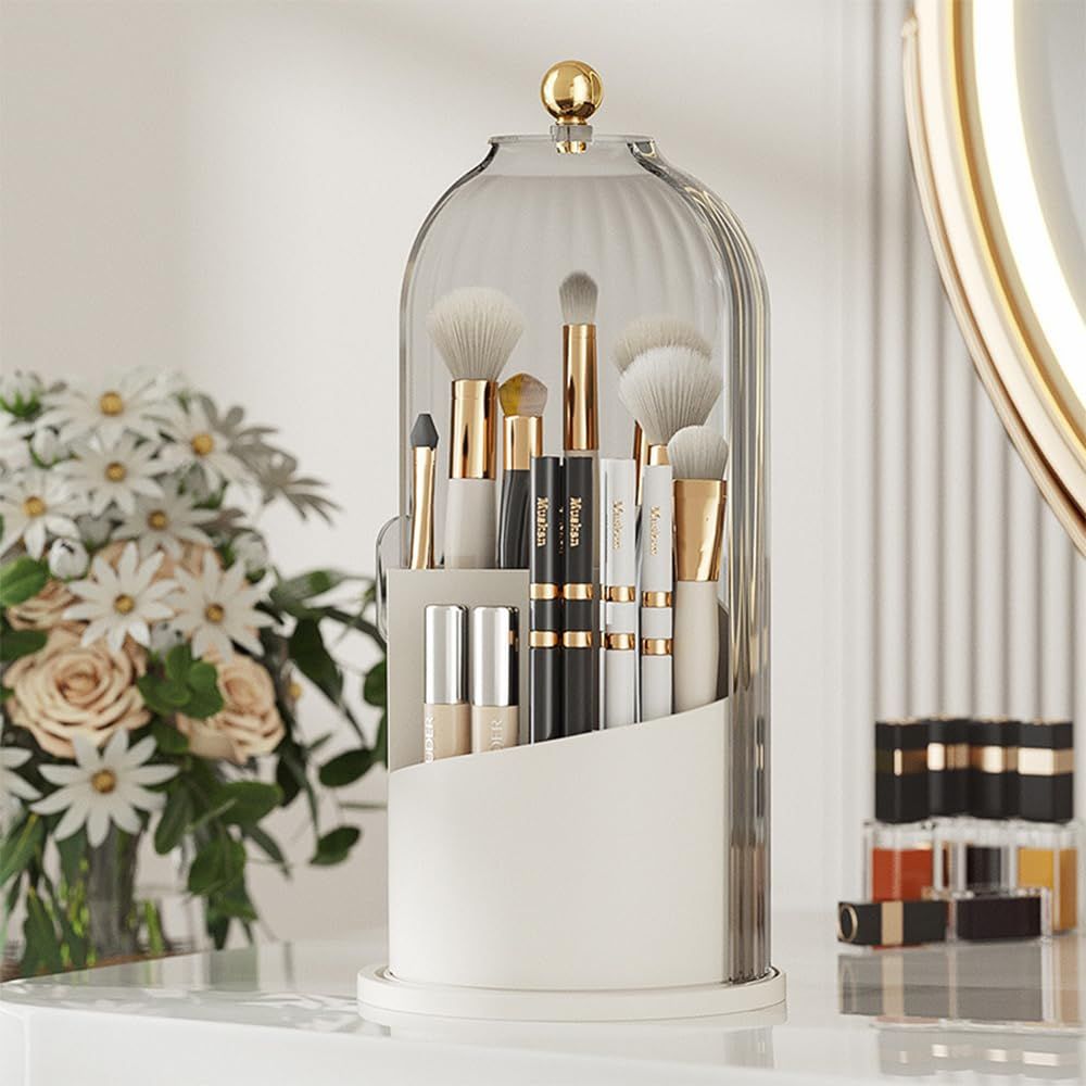 Makeup Brush Holder with Lid 360 Rotating Clear Dustproof Make Up Organizers for Vanity Bathroom Countertop, Transparent(Only storage box)