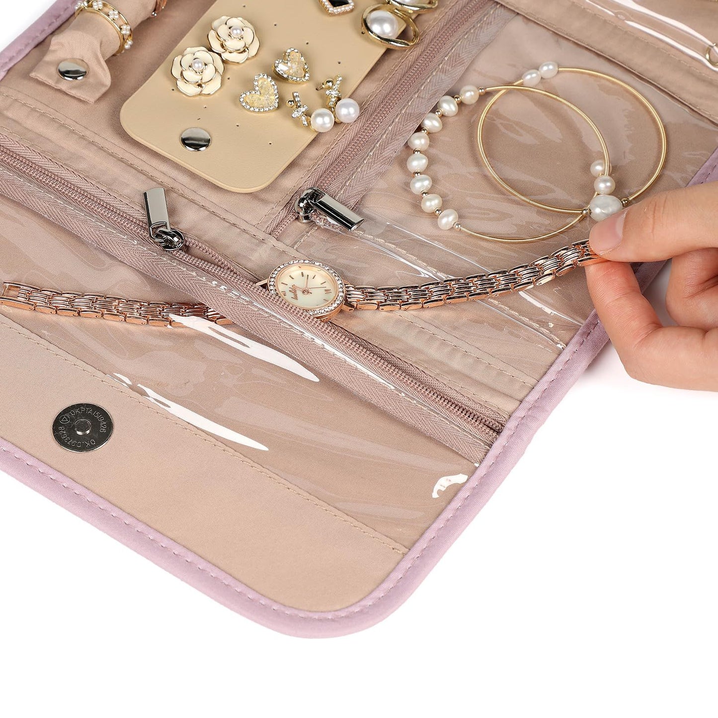Travel Jewelry Case Organizer, Foldable Storage Roll for Earrings, Necklaces, Rings, Bracelets, Brooches, Pink 33.5 * 22CM(Only storage bag)