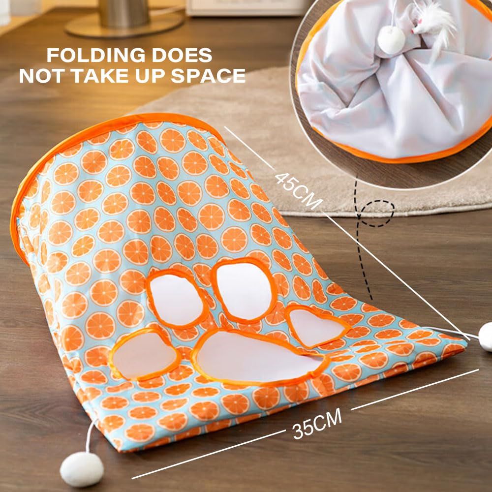 2pcs Cat Tunnel Bag for Indoor Cats, Foldable Pet Tunnel Crinkle Sack Bag with a Little Mouse & Toy Ball, Portable Crinkle Paper Interactive Hide and Seek Cat Toys (Orange)