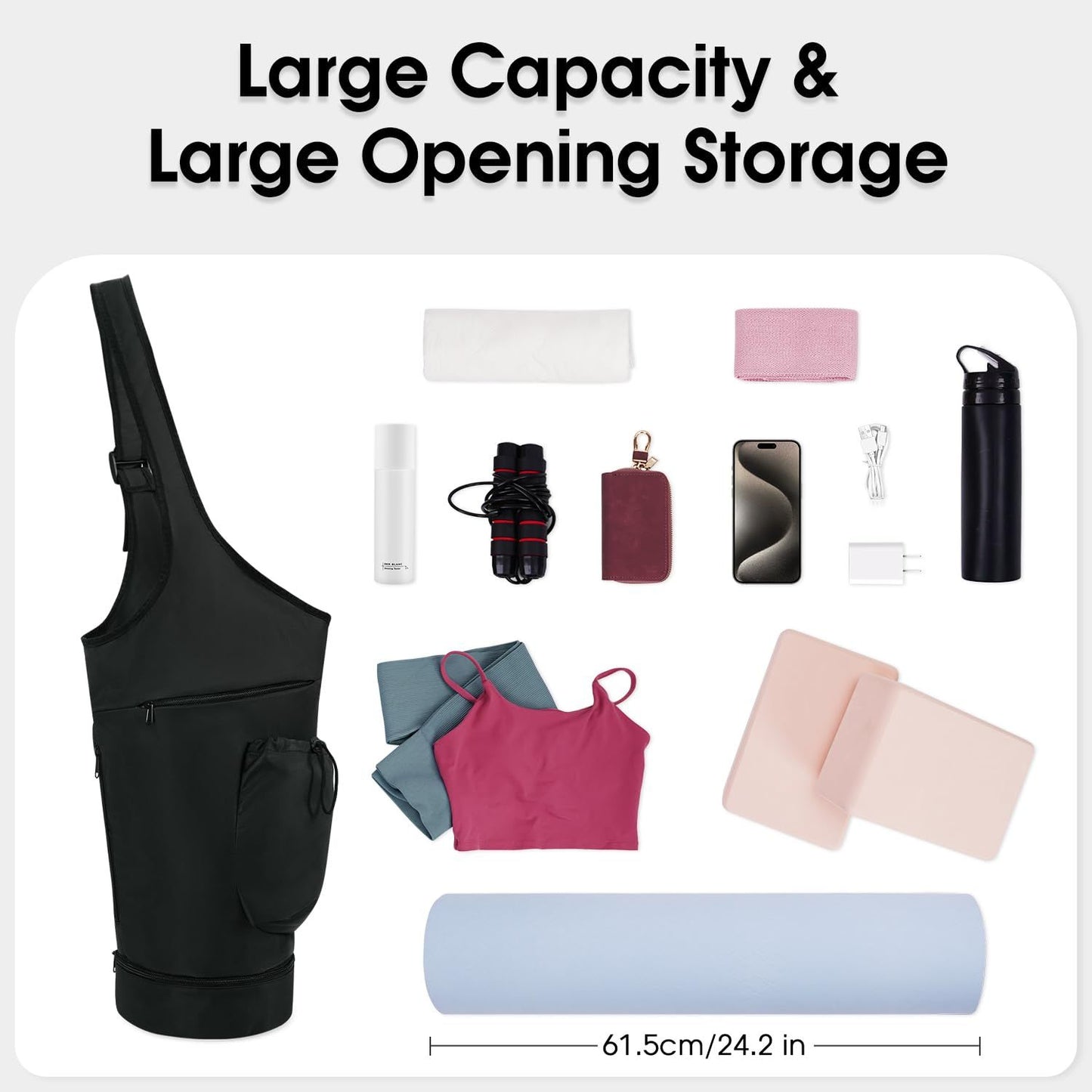 Yoga Mat Bag, Large Opening Long Tote Yoga Mat Carrier Holder Bag with Waterproof Wet Pocket and Drawstring Water Bottle Pocket, Adjustable Shoulder Strap Storage Bag(oniy bag)