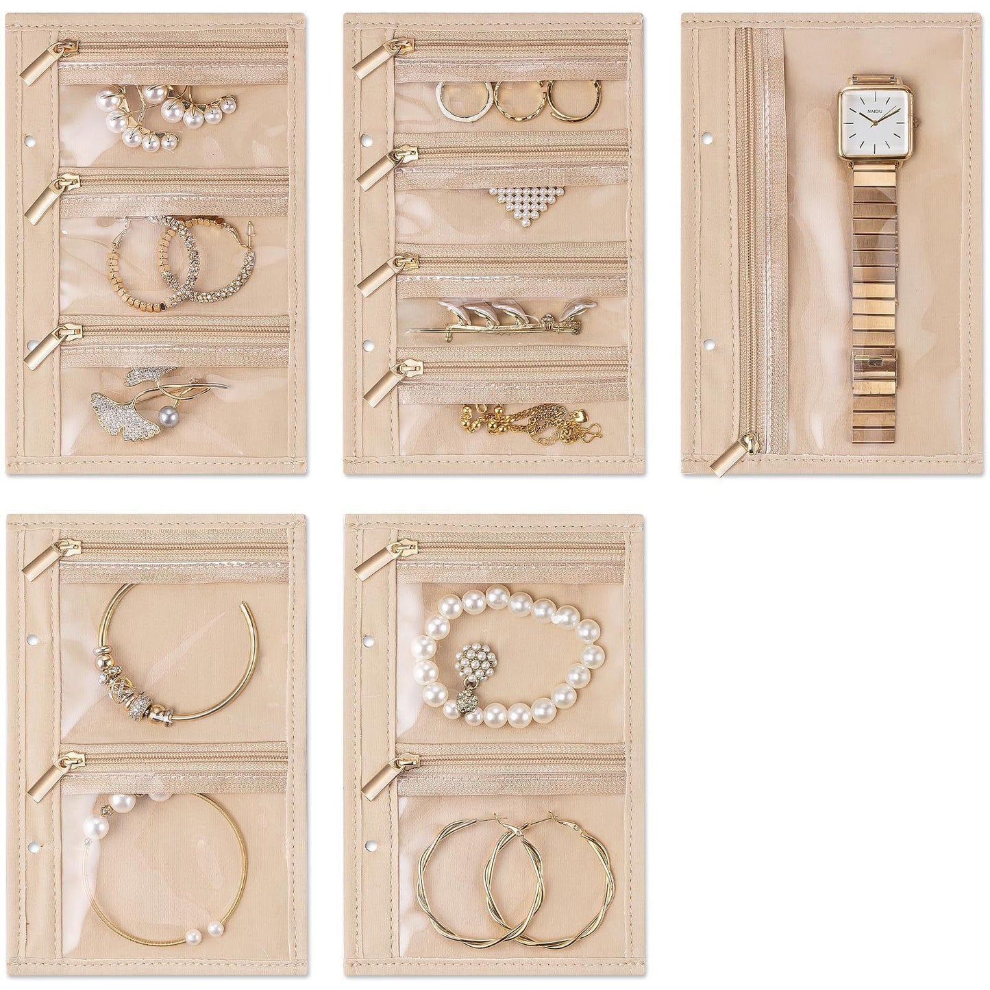 Travel Jewelry Organizer Case,Jewelry Storage Book Ring Binder with Clear Zipper Jewelry Pouches Bags for Rings, Necklace, Earrings-Cream White(oniy bag)