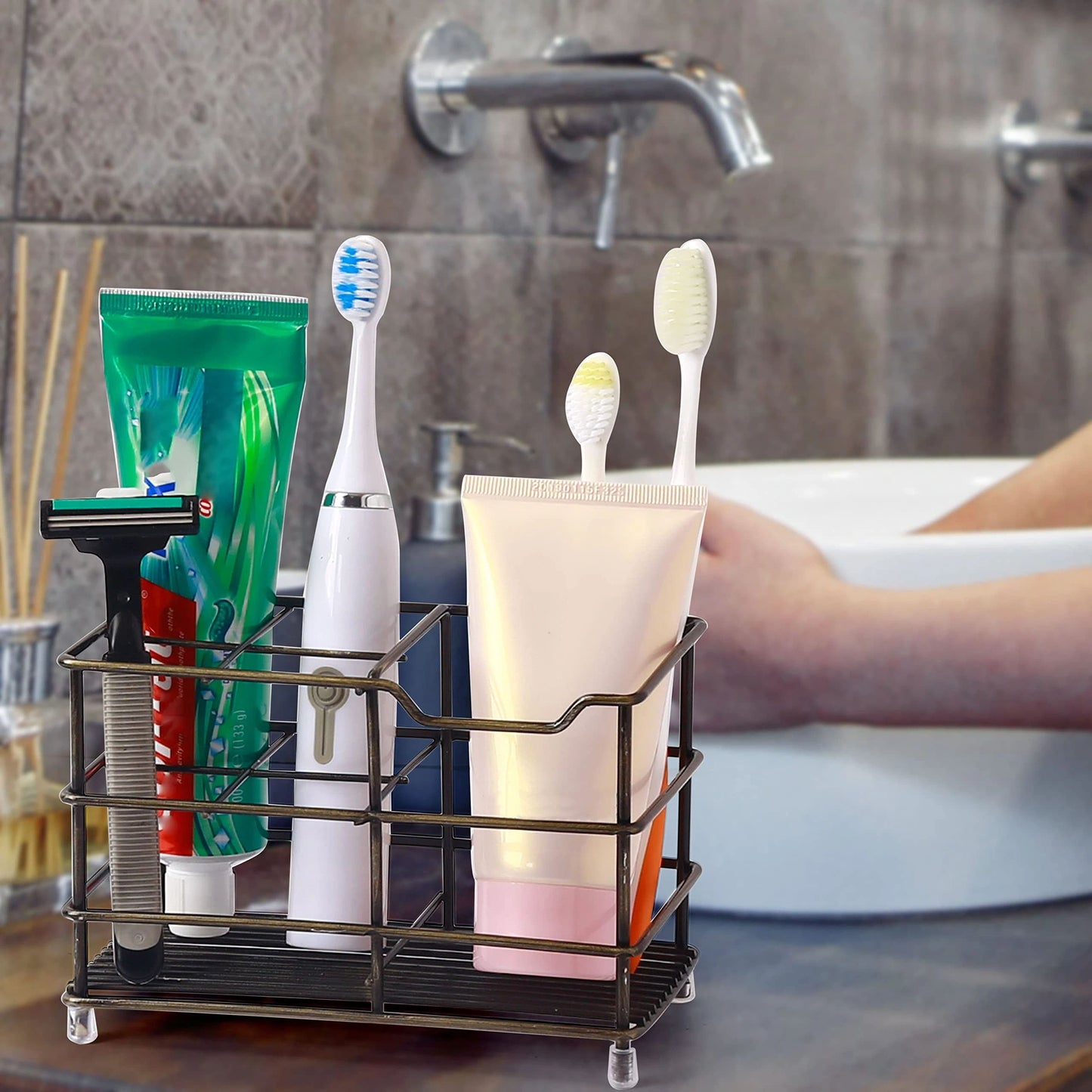 Toothbrush Holder, Electric Toothbrush Holder - Stainless Steel Tooth Brush Holder, Toothpaste Holder Organizer Stand Caddy for Bathroom, Bronze, Pack of 2
