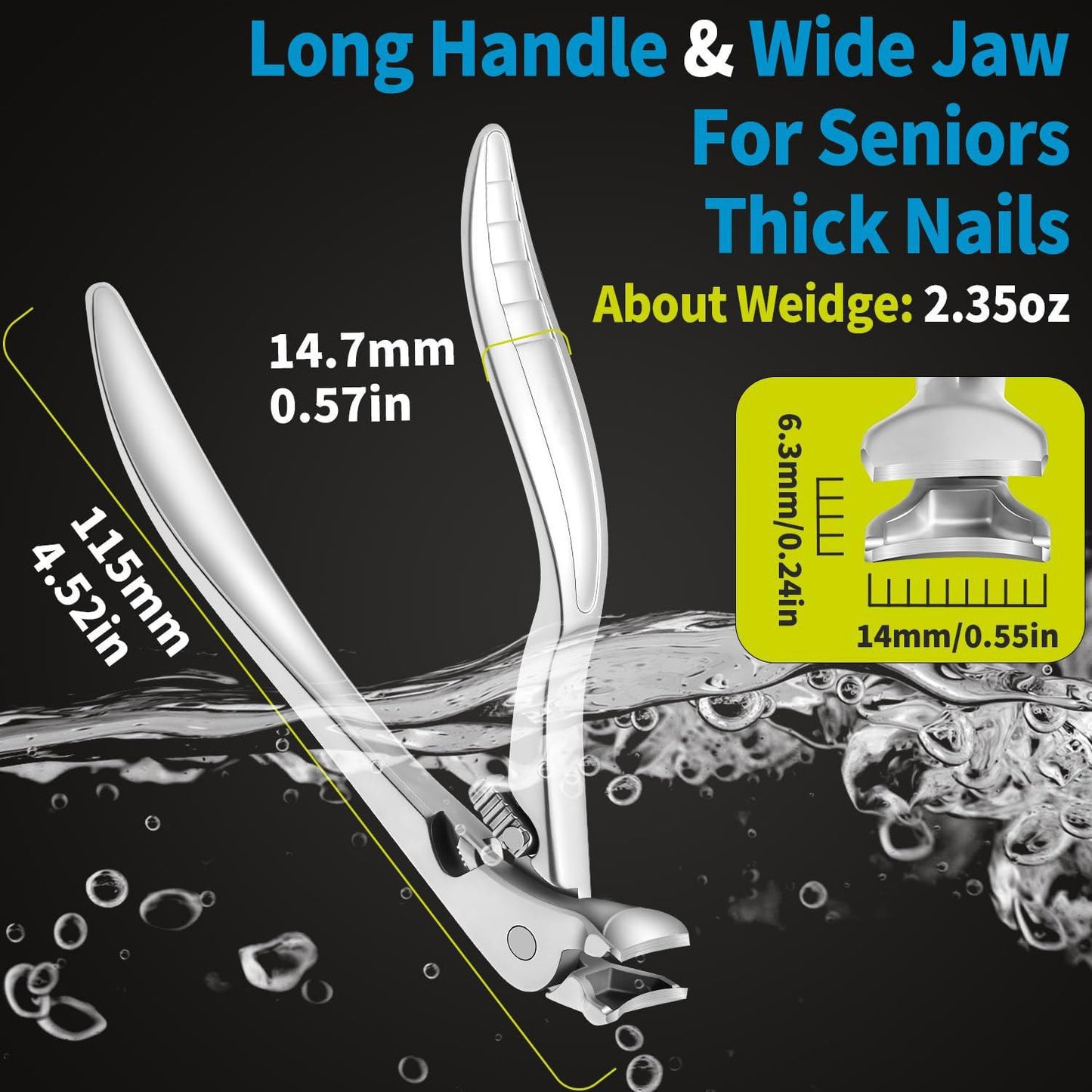 Ergonomic Nail Clipper for Seniors - Toenail Clipper for Thick Toenails and Fingernails, Long Handle Nail Clippers with Catcher, Precision Nail Trimmer for Men and Women - Silver