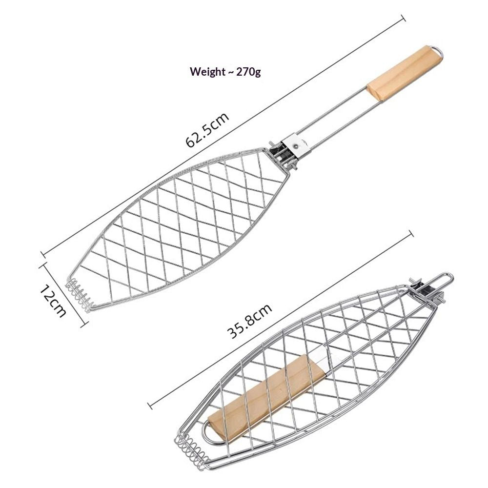 Stainless Steel BBQ Fish Basket, Large, Silver Large Fish Grilling Rack for Grill Fish Vegetables Shrimp, Folding Stainless Steel Grill Basket with Removable Wooden Handle