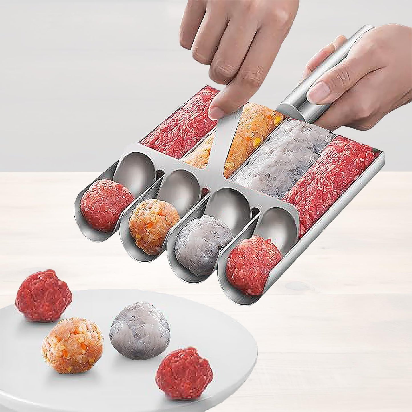 Meatball Maker Tool, 304 Stainless Steel Kitchen Manual Non Stick Meatball Maker, Portable Meatball Spoon Ball Maker Kitchen Restaurant Must Have Meatball Making Set,Home Cooking Tools (4-channel)