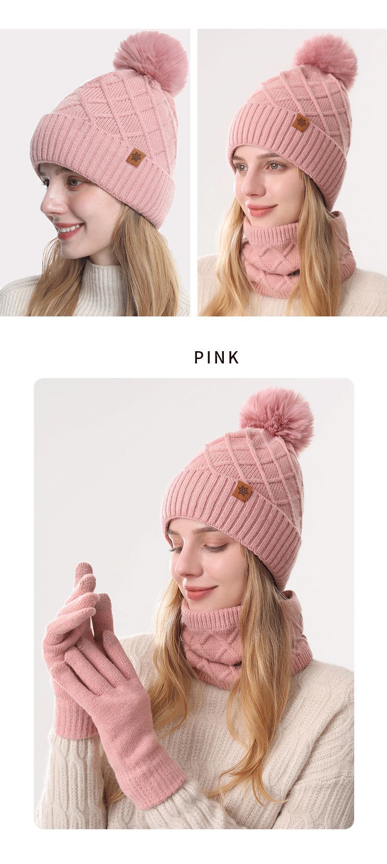 Women Milky-White Argyle 3-Piece Set-Hat Scarf and Gloves