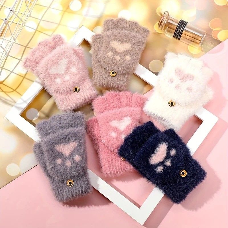 Faux Mink Fingerless Fleece-Lined Warm Gloves – Practical for Autumn/Winter, Heart Design with High-Elastic Cuff, Ideal for Office Use and Daily Hand Warmth.(white)