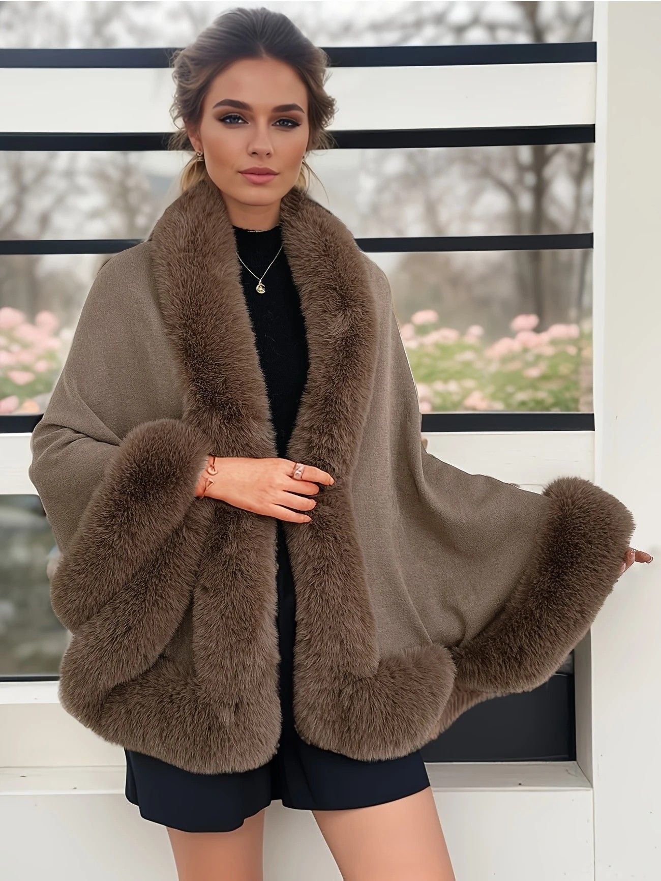 Imitation Mink Collar Knit Shawl: Autumn/Winter Retro Cape, Elegant, Versatile, and Flattering(BLACK)
