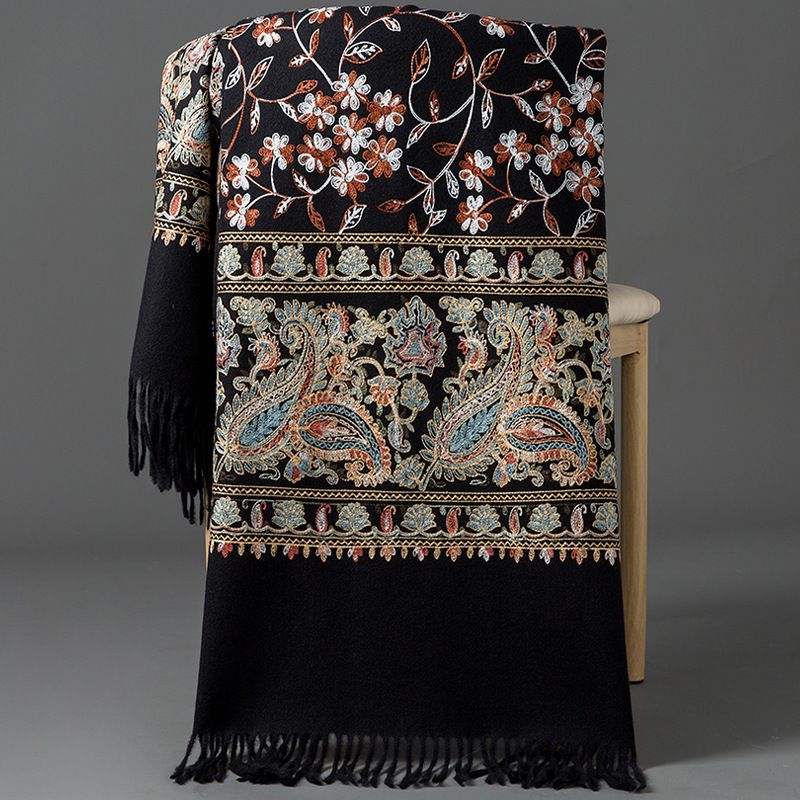 European-American Style Auspicious Embroidered Shawl Scarf, High-End Autumn & Winter Warm Outfit(Light hemp ash color)
