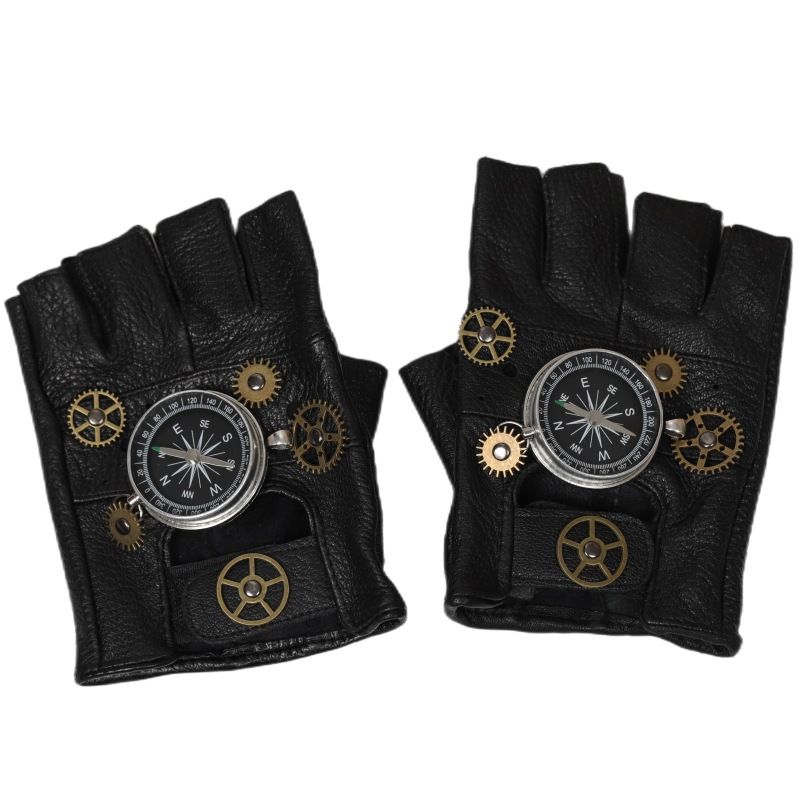 Steampunk Compass Half - Finger Gloves: Pure Sheepskin with Gear Decor, Retro Mechanical Style, Flexible & Versatile。golden