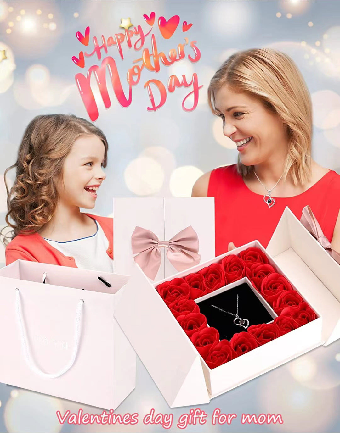 Platinum heart-shaped projection necklace, engraved with 100 ways to say "I love you," paired with matching heart-shaped earrings, presented in a rose-adorned double-door gift box—a refined gift blending technology and romance.
