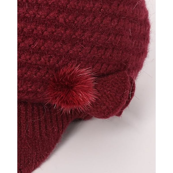 Winter Hat for Women, Fleece Lined, Floral Knitted Hat, Ladies Beret Hat with Brim, Cloche Hat, Thermal Hat, Ladies Wool Hats, Red