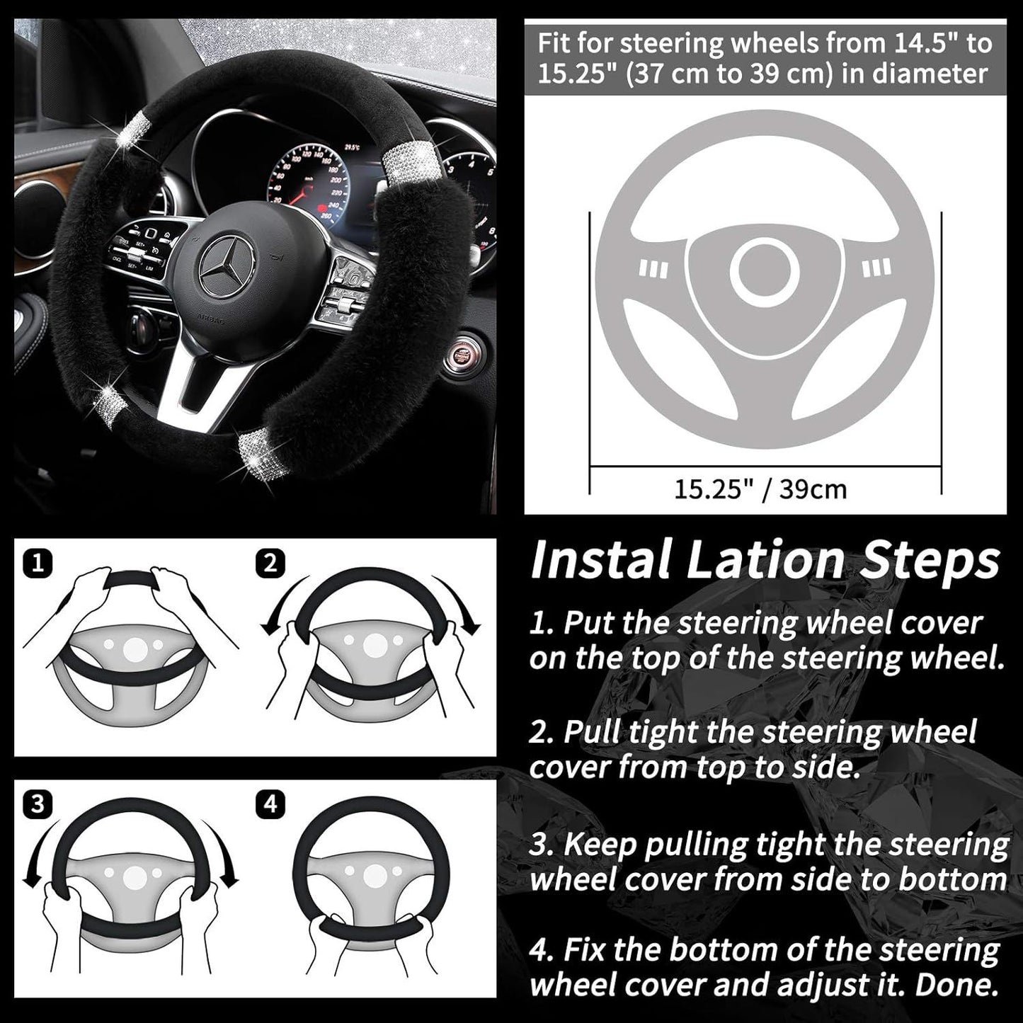 Rhinestone Fluffy Steering Wheel Cover - Comfortable Non-Slip Luxury Faux Wool, Universal Fit for 14.5" to 15" Steering Wheels