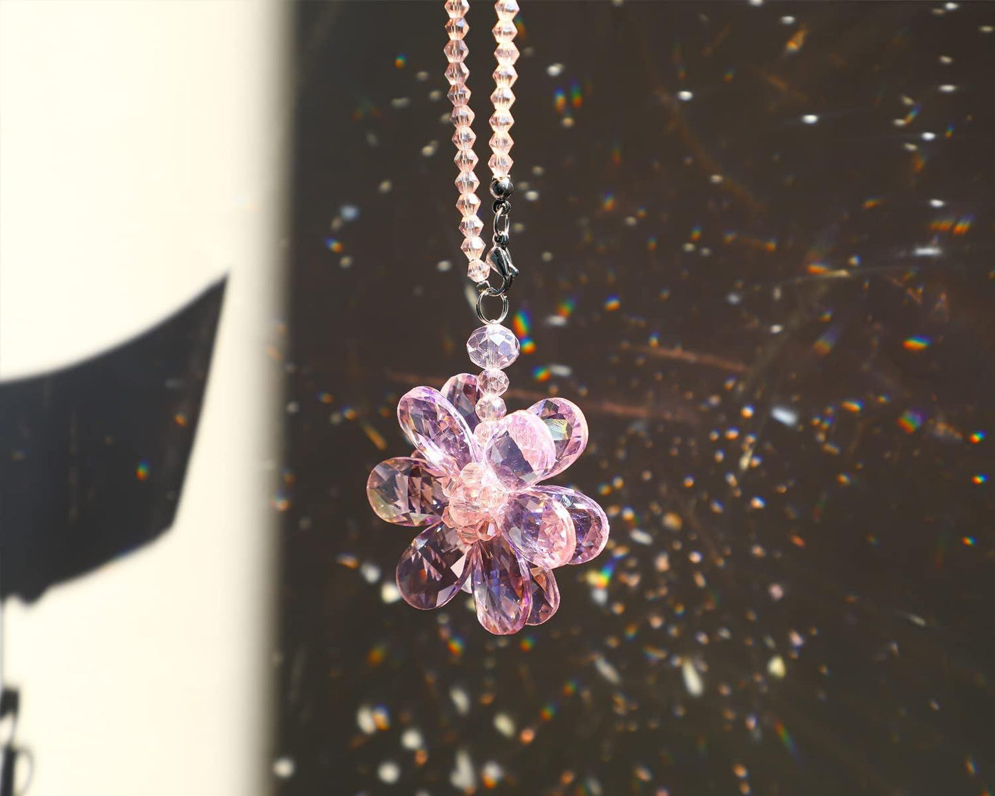 Crystal Flower Car Rear View Mirror Pendant - Pink Crystal Beads Charm Decor for Women Interior