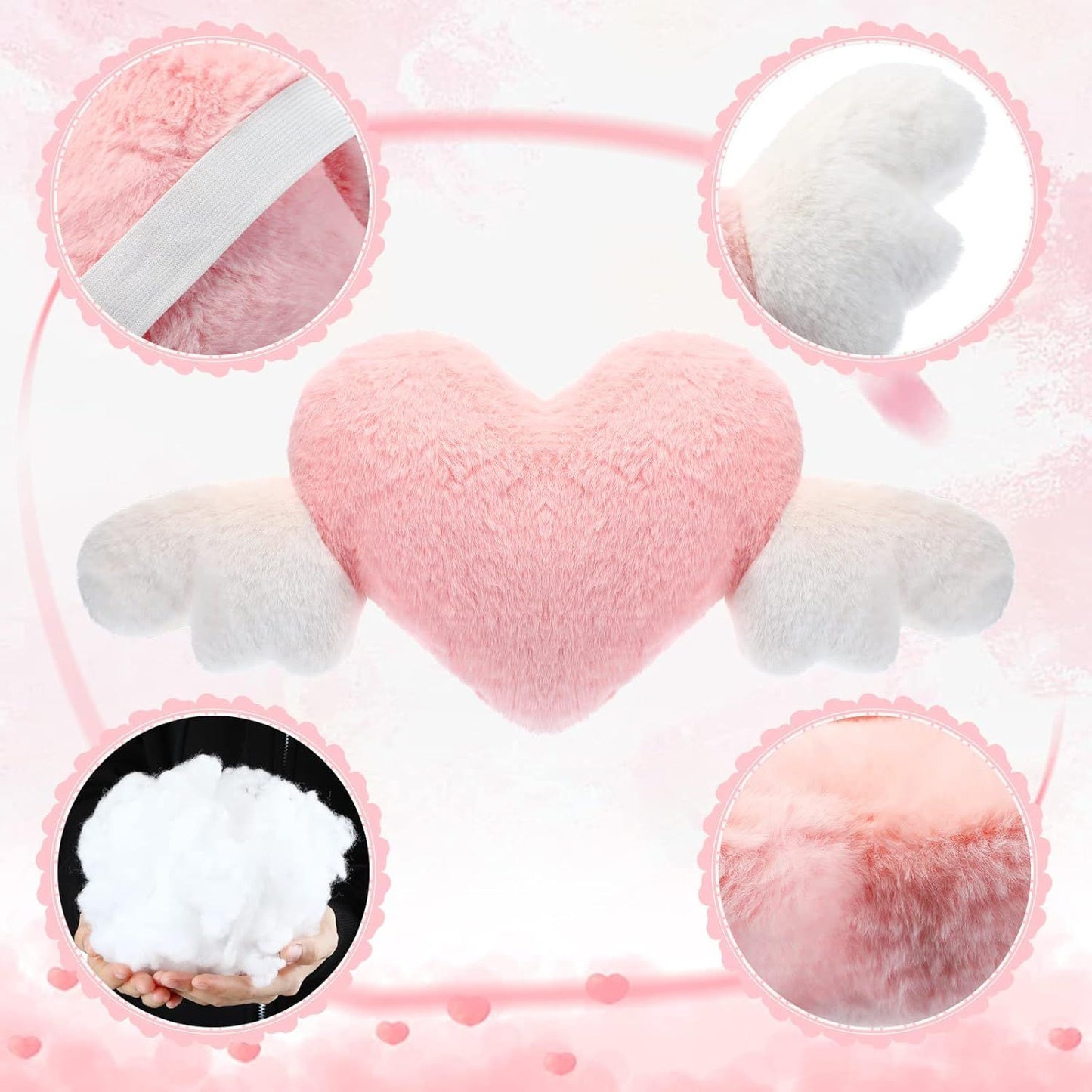 2 Pcs Plush Heart Shaped Pillow with Angel Wings Car Headrest Soft Comfortable Seat Pillow for Driving Travelling Room Office Car Decor, 19.7 x 8.3 Inch(White, Pink)