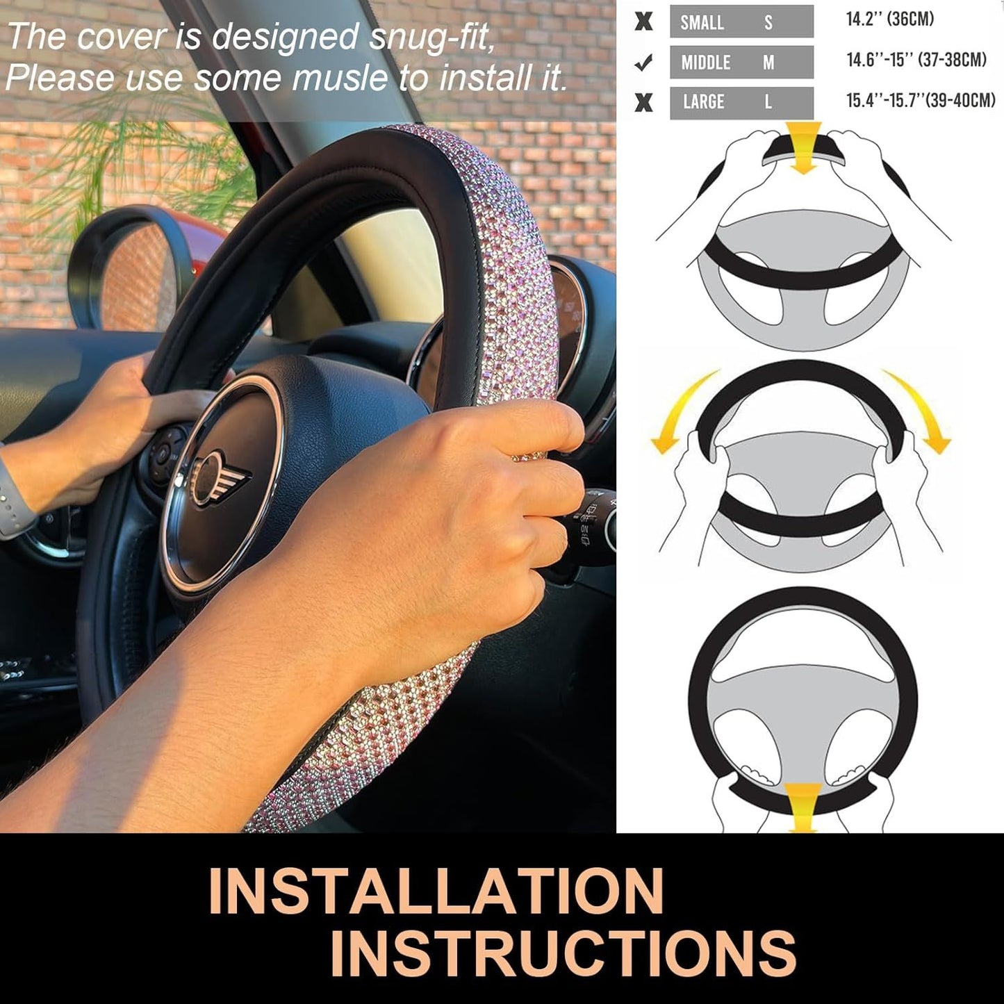Bling Bling Comfy Steering Wheel Cover with Jumbo Crystal Rhinestones, Anti-Slip Diamond Leather, Universal 15 Inch (Pink)