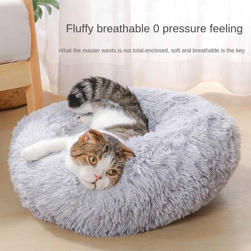 Cat Beds for Indoor Cats - Cat Bed Washable 20 inches, Dog Beds for Small Medium Dogs, Anti Anxiety Round Fluffy Plush Faux Fur Pet Bed, Thick Bottom (Medium, Light Grey)