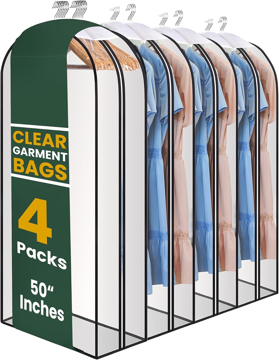 Clear Garment Bags for Hanging Clothes, 50" Suit Bags with 10" Gusset, Heavy Duty Closet Storage Covers for Coats, Dresses, Shirts, Jackets, Dustproof & Breathable, 4 Pack