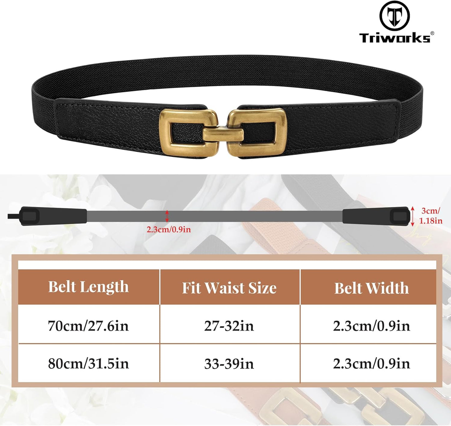 2 Pack Women Skinny Elastic Waist Belt for Dress Ladies Thin Stretch Belt with Gold Buckle