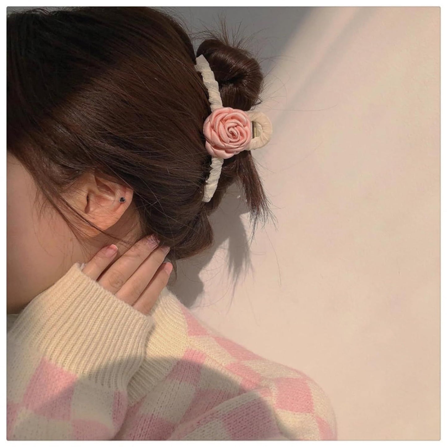 Elegant White Hair Claw Clip with Pink Glossy Camellia for Girls Women, Rose Floral Spring Hair Accessory (Pink)