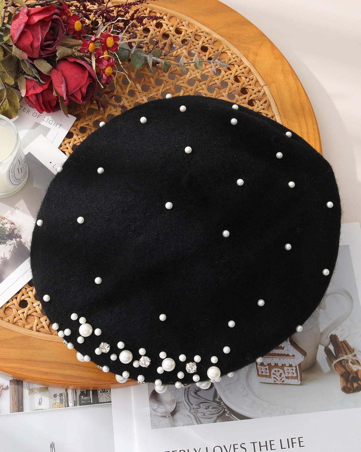 Classic rench Wool Beret with Pearl & Rhinestone Embellishments, Beanie Cap Style Hat or Women and Girls