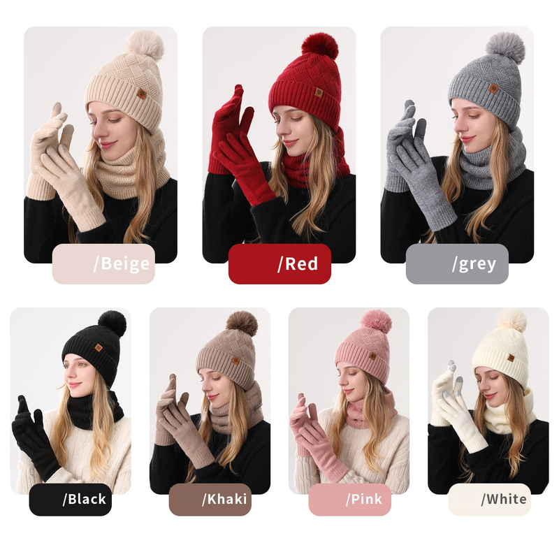 Women's Fashionable Winter 3-Piece Set: Knit Hat, Scarf, and Gloves. A must-have for outdoor skiing and cycling - Red