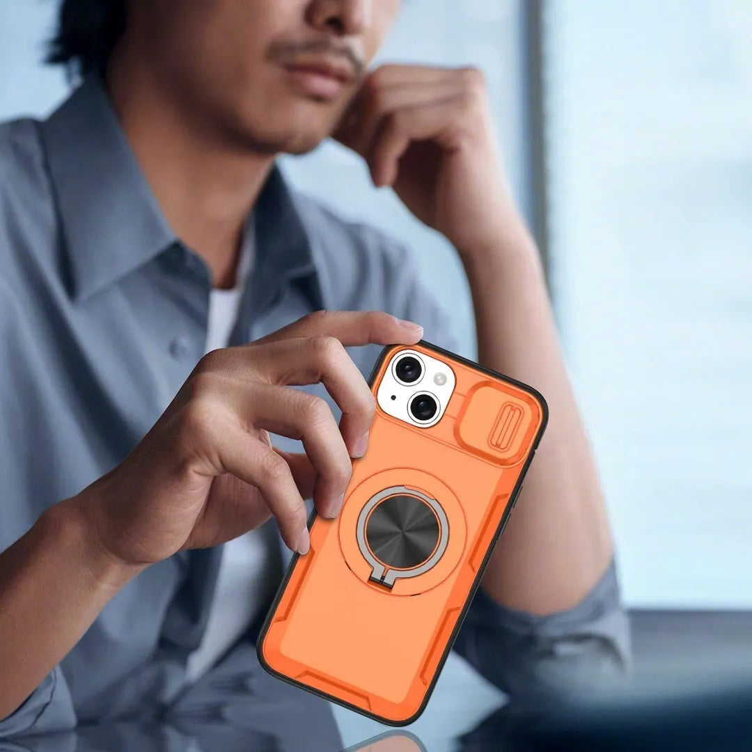 2-in-1 Magnetic Sliding Lens Case, Orange for iPhone 14