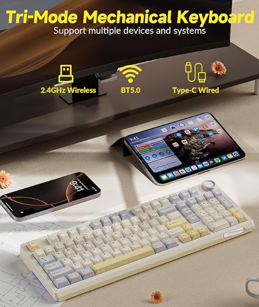 Solakaka Ki99pro 3‑Mode RGB Mechanical Keyboard, Orange-White