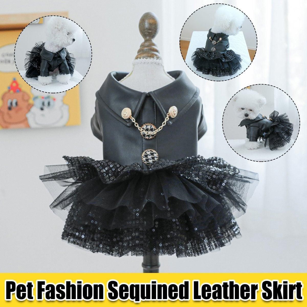 Autumn Winter Pet Dog Cat Dress Faux Leather Sequin Skirt Outfit for Small Dogs - M