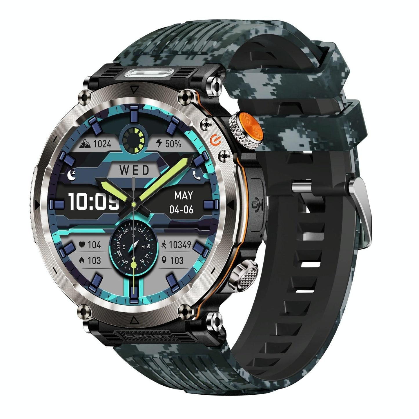 Waterproof Smart Watch With Flashlight Banknote Detector And Compass - Camo - Blue