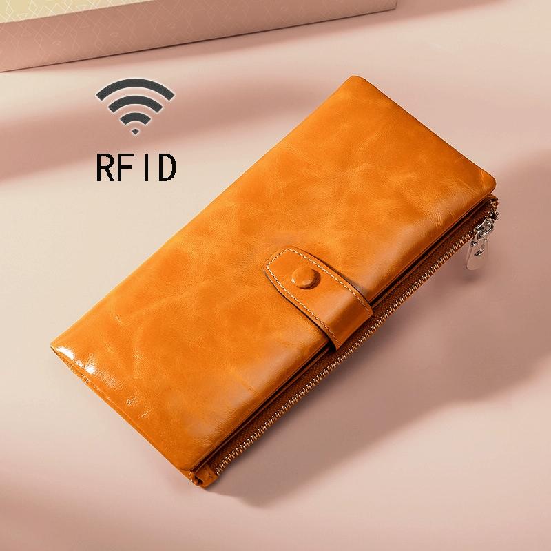 Oilskin Leather Rfid Zip Wallet - Brown - Sapphire Blue