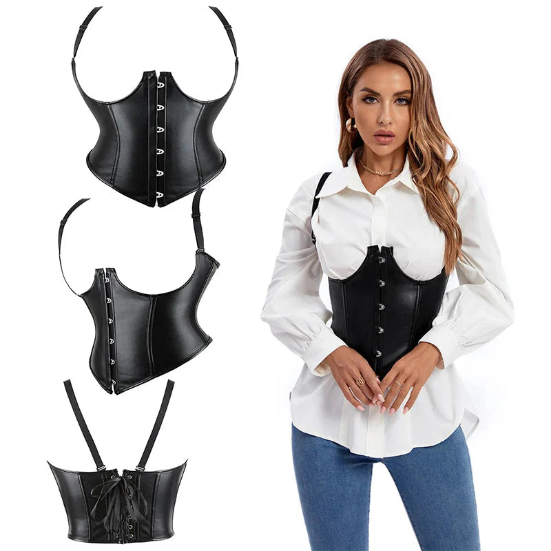 Plus Size Black Leather Corset Waist Trainer Vest With Strap 10 Plastic Bones S-6Xl - 5Xl