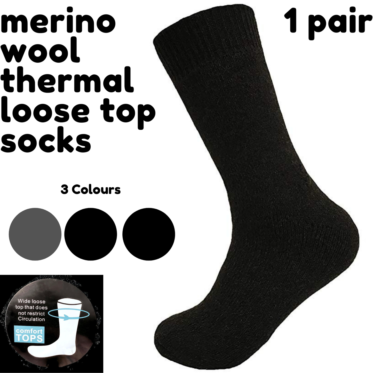 Merino Wool Mens Loose Top Thermal Socks Diabetic Comfort Circulation - 1 Pair - Grey - 11-14
