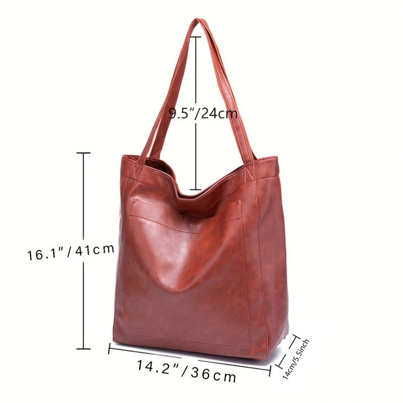 Vintage PU Leather Tote Bag - Stylish and Spacious Everyday Shoulder Bag (Brown)