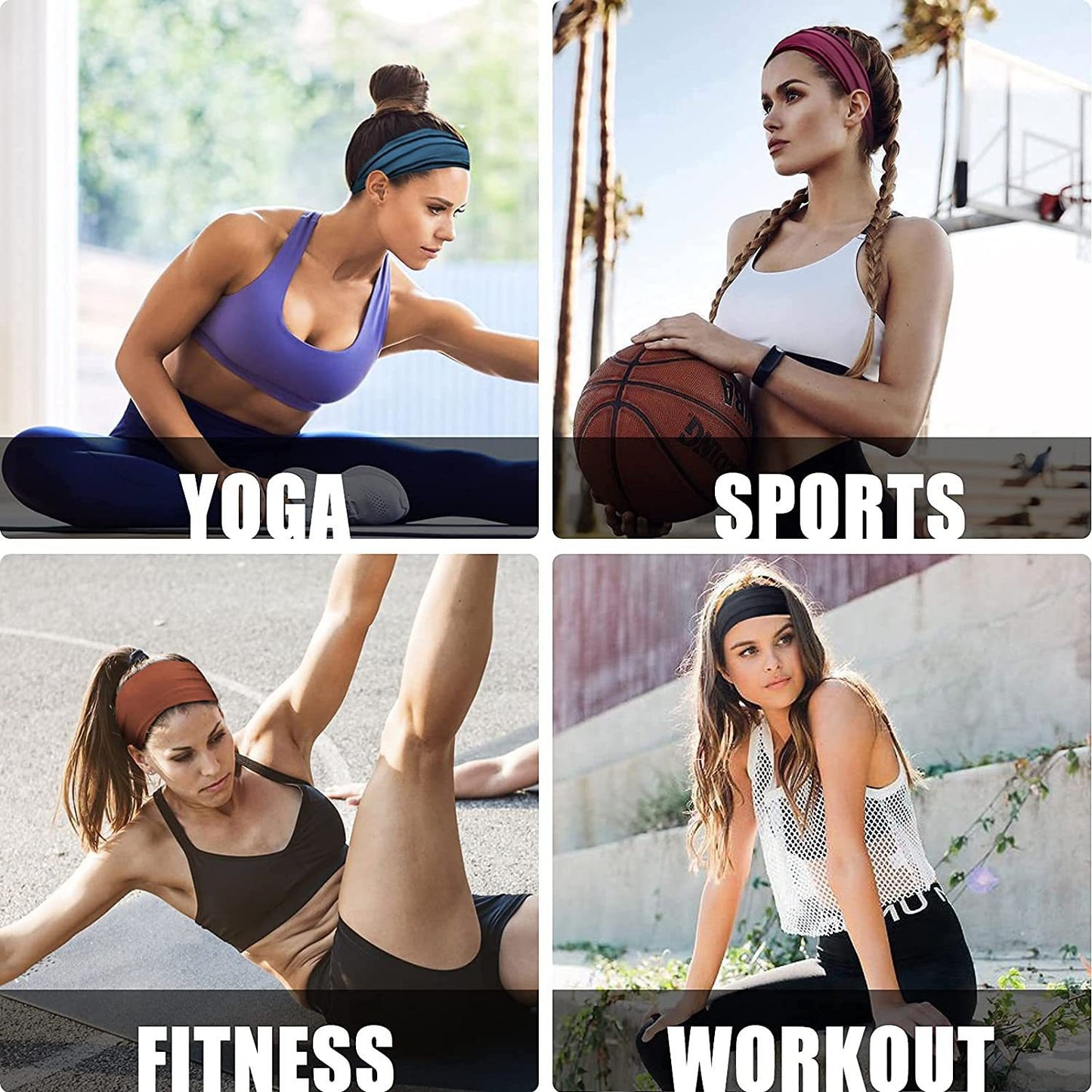 Camouflage Dark Green 5-Pack Wide Sports Headbands for Women - Non-Slip Yoga Headwraps with Sweat-Wicking Fabric (88% Nylon+12% Spandex)