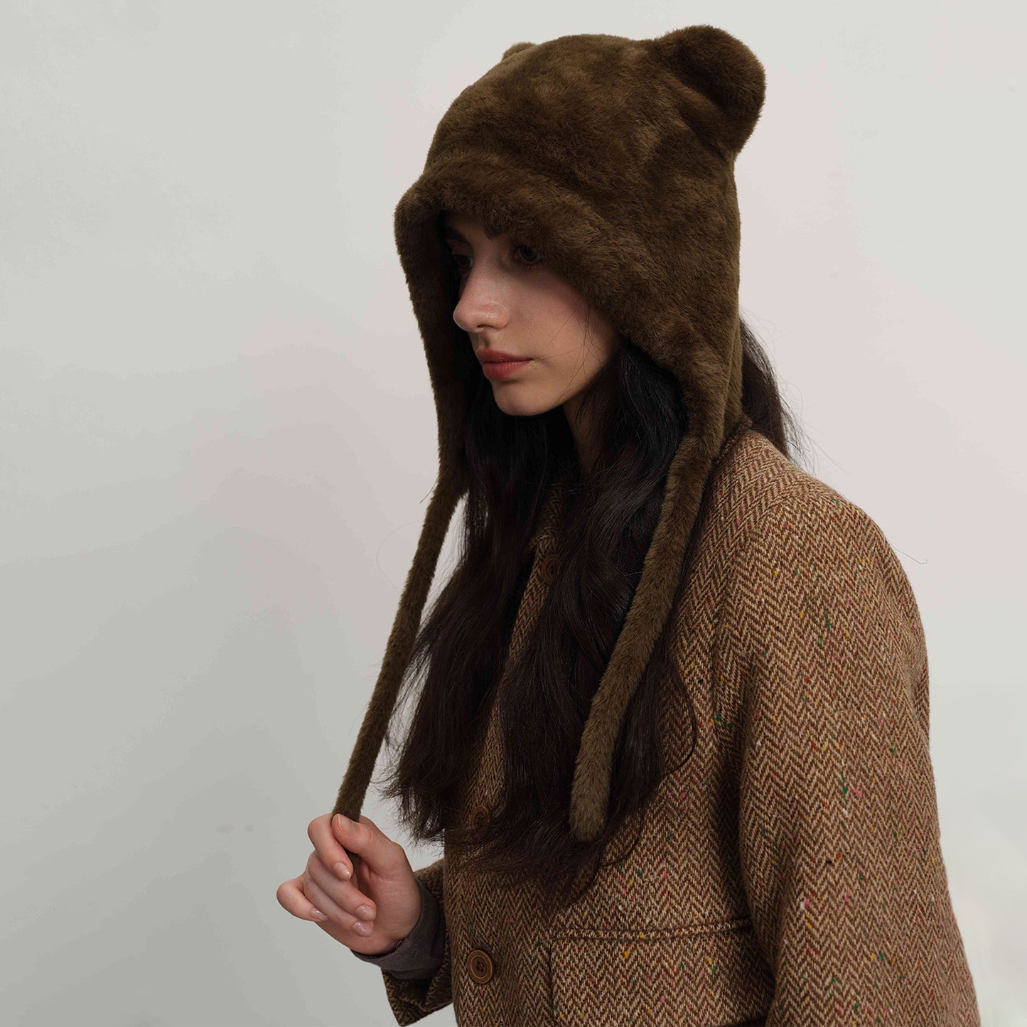 Green glass Fluffy Cat Ear Winter Earflap Hat Women Knitted Warm Cold Weather Cap