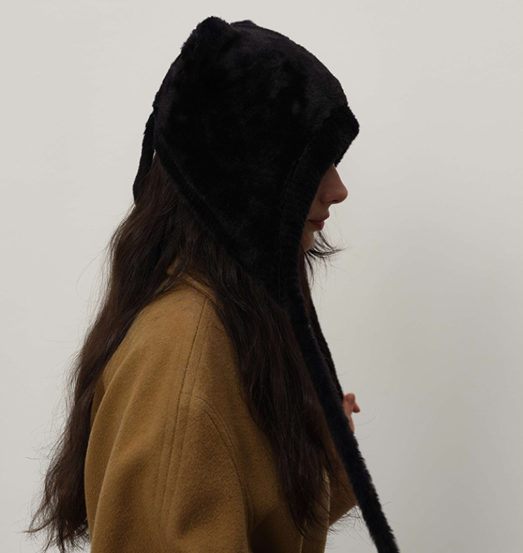 Black Fluffy Cat Ear Winter Earflap Hat Women Knitted Warm Cold Weather Cap
